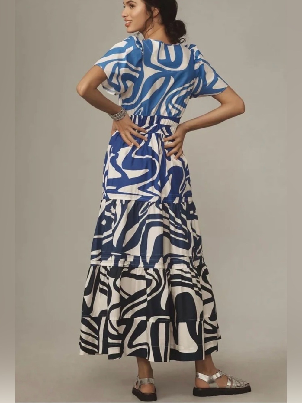 Anthropologie Blue & White Abstract Tiered Maxi Dress
